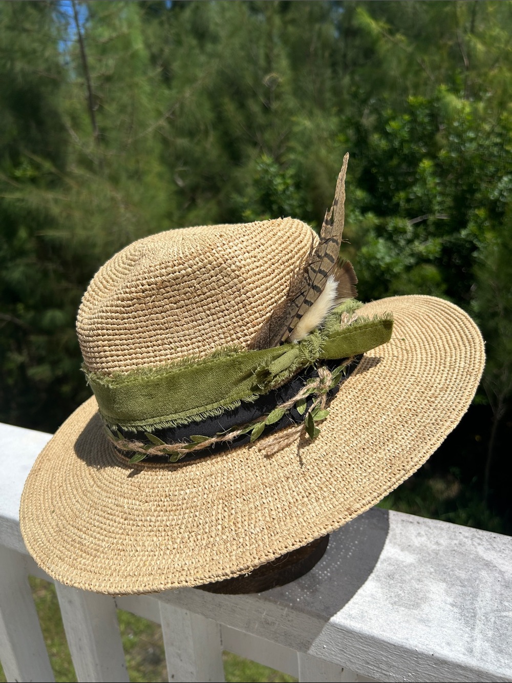 Natural Straw Sun Hat with Olive Band and Feather Trim